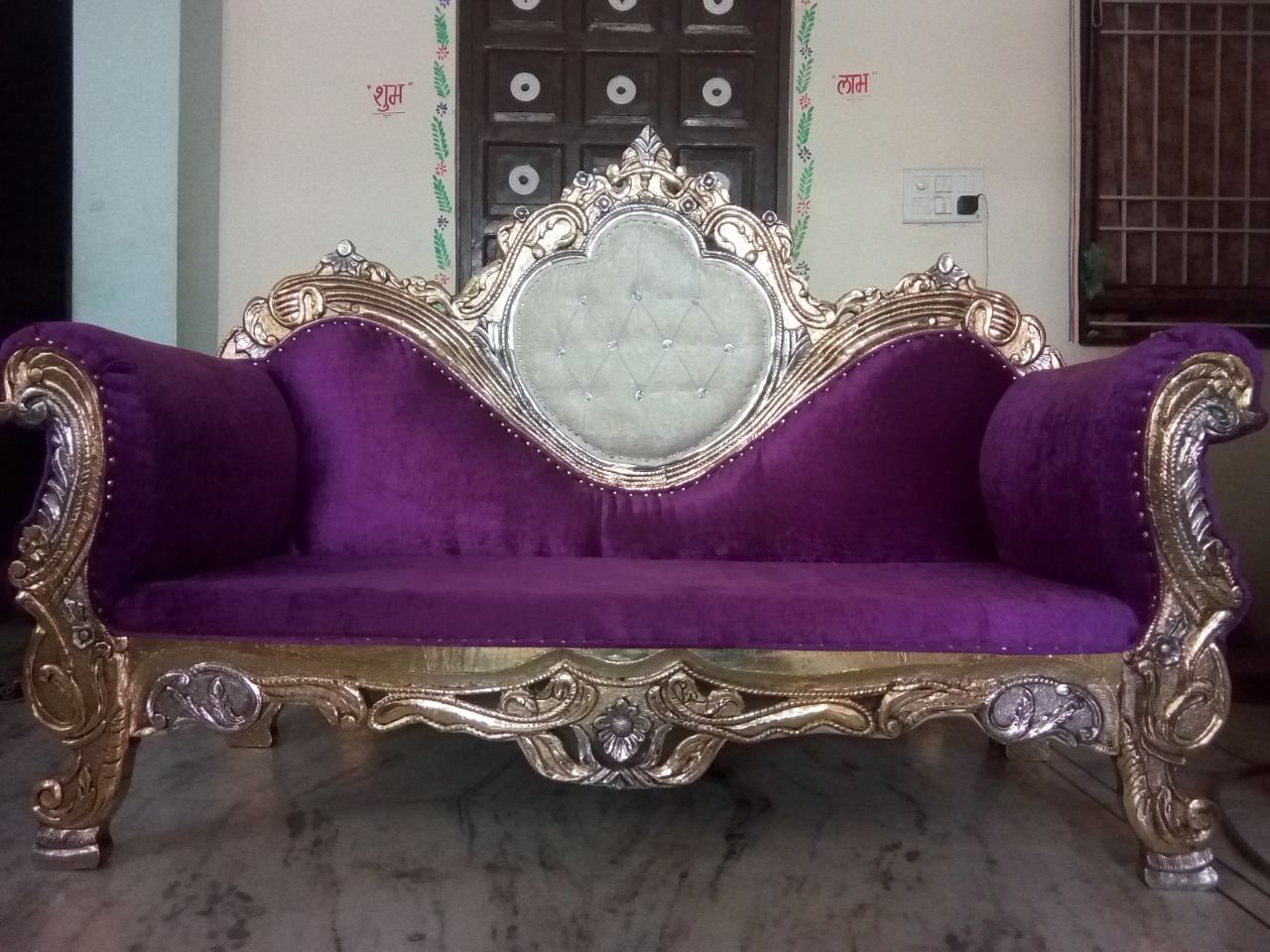 Purple Velvet Silver Carved Royal Sofa