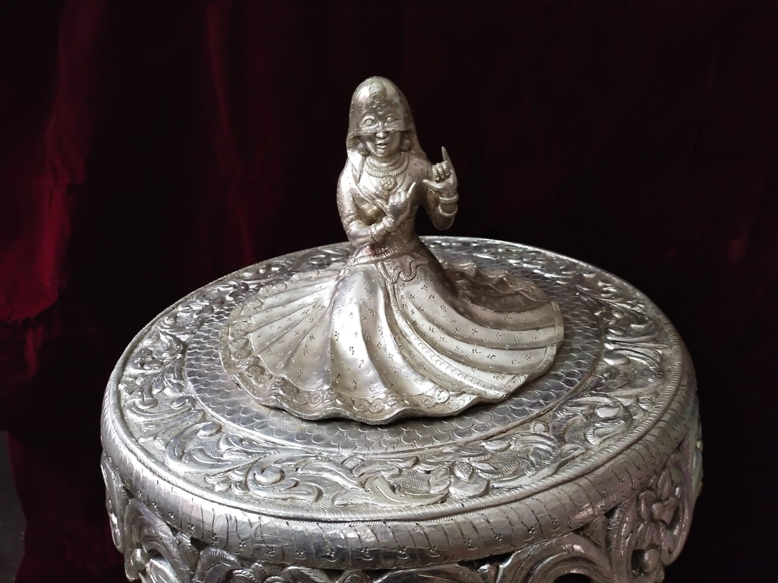 Silver Plated Dancing Lady on Carved Round Stool