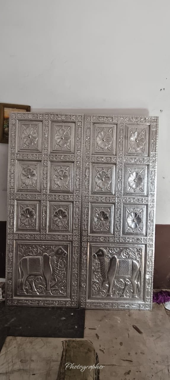 Silver Plated Temple Door Panels with Kamdhenu Cow