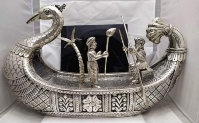 Silver Plated Peacock Boat with Boatmen