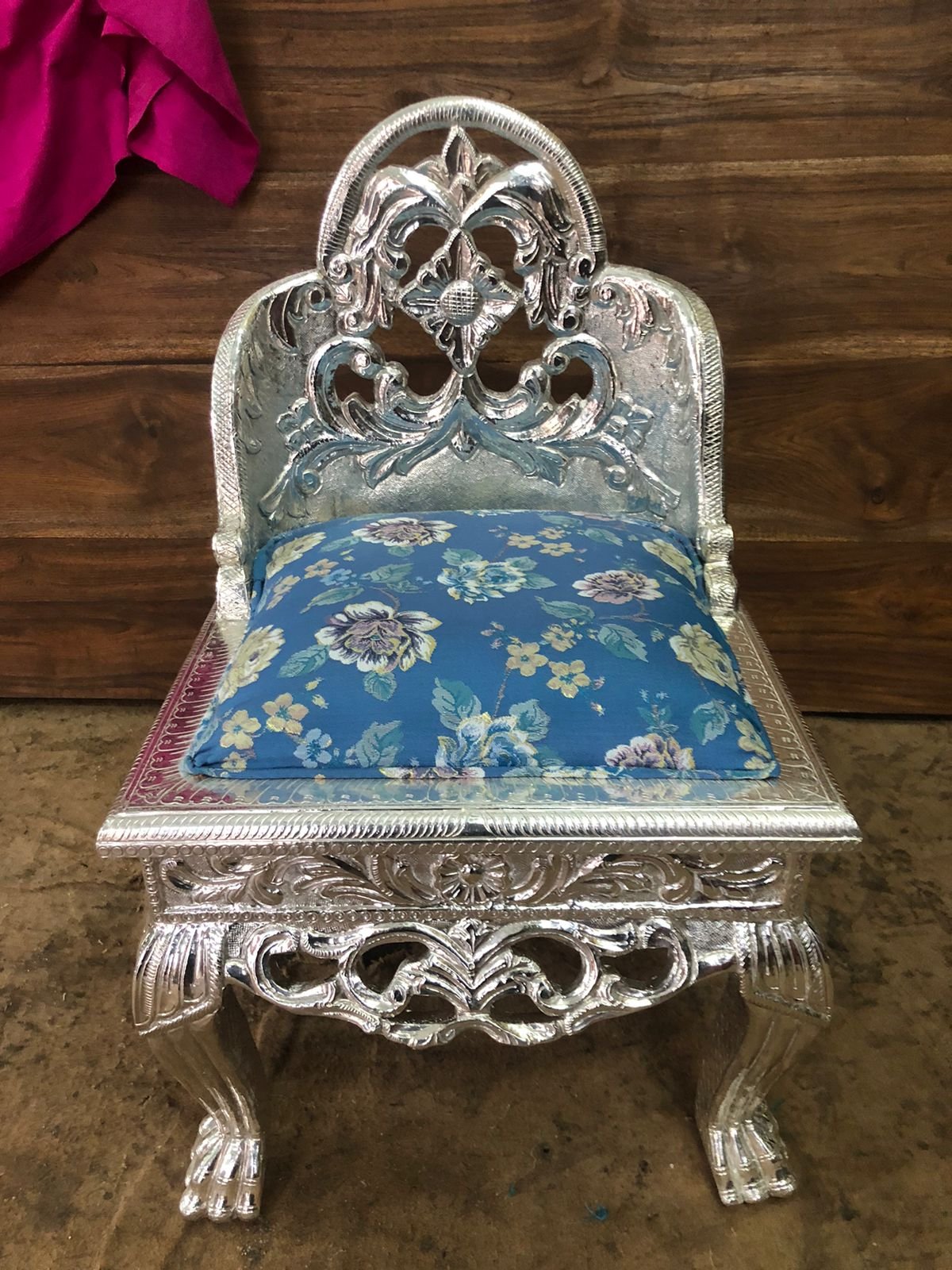 Silver Plated Carved Chowki Chair with Cushion