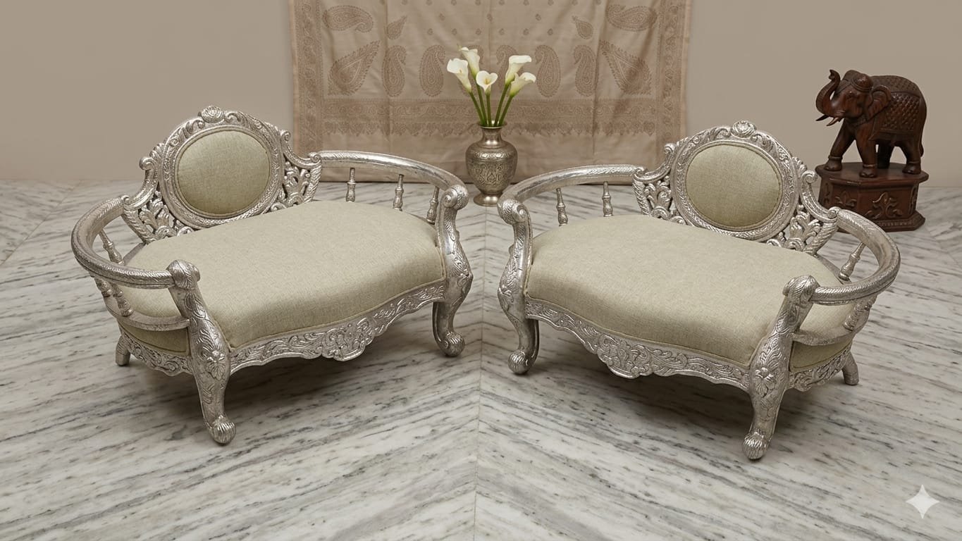 German Silver Ornate Settee Pair
